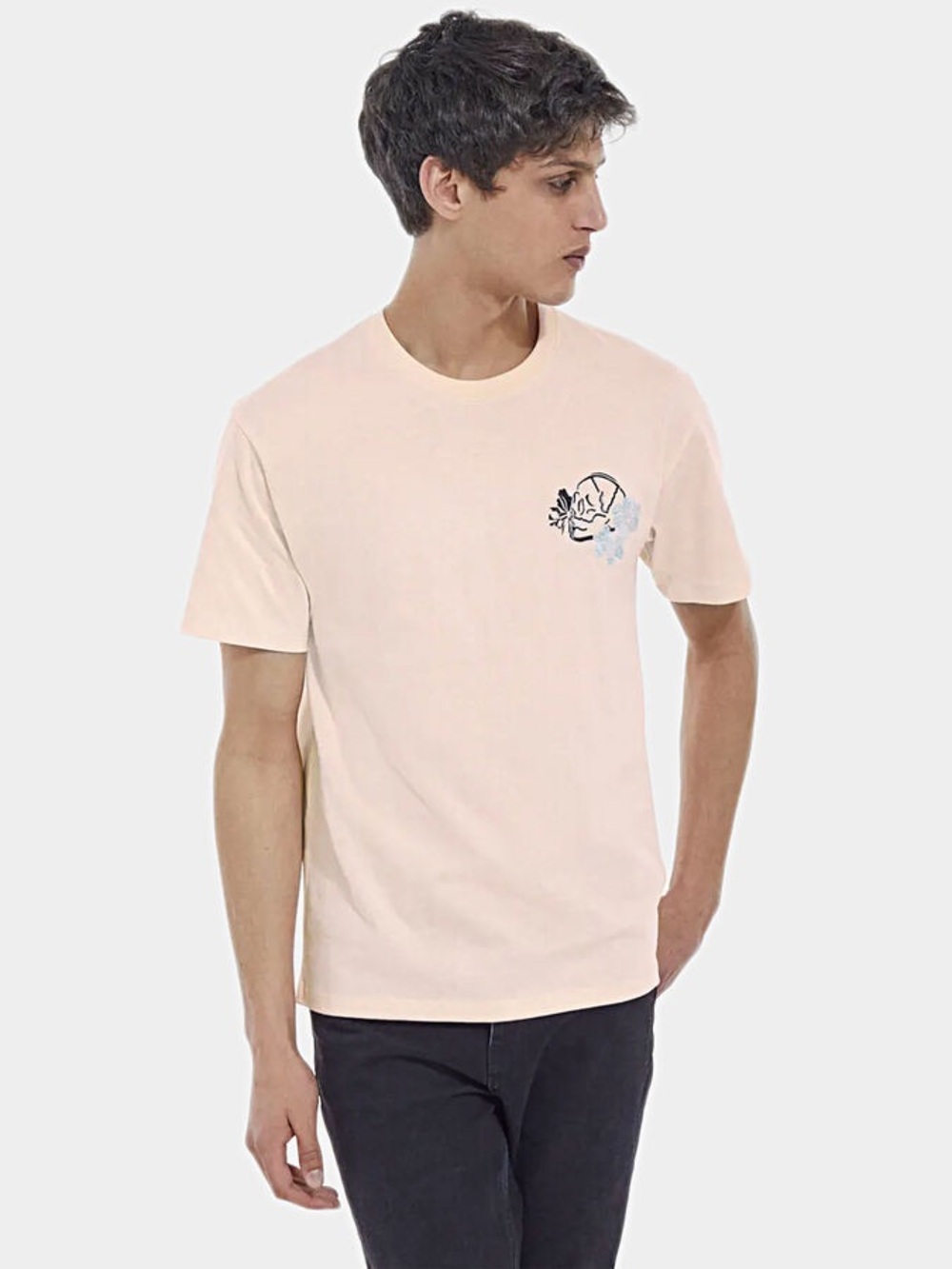 The Kooples Men's Light Pink Crew Neck T-Shirt skull and rose SZ L